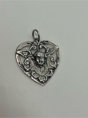Vtg 925 Sterling Silver Art Nouveau Style Cherub Heart Necklace Pendant